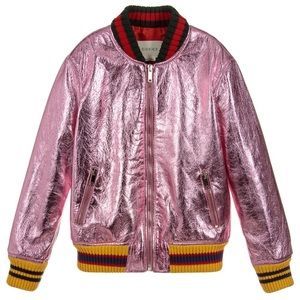 Gucci Metallic Fuchsia Rose Pink Leather Bomber